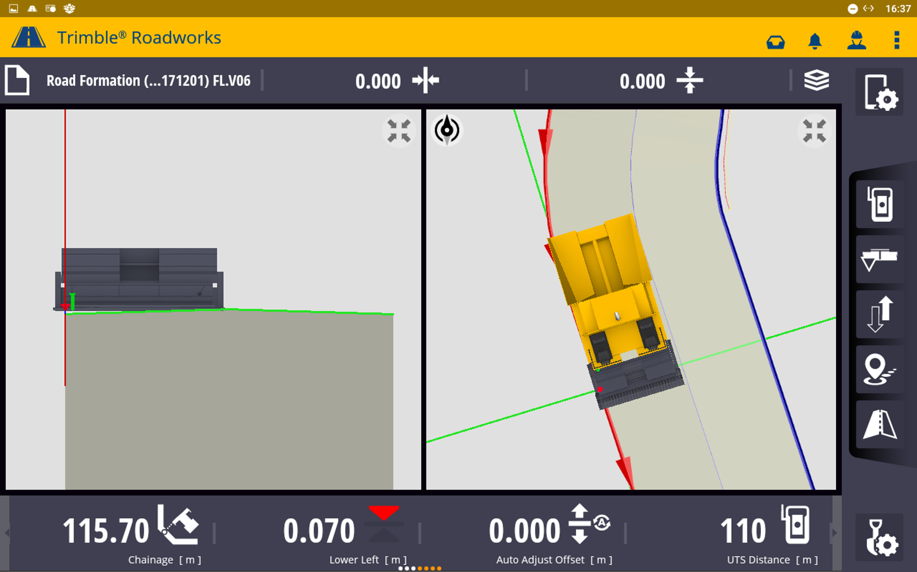 Interfaz del sistema Trimble Roadworks para Extendedoras, mostrando una vista en 3D de una extendedora amarilla sobre un camino. Indicadores digitales de nivelación y alineación en la parte superior, y datos numéricos sobre elevación y posición lateral en la esquina inferior izquierda