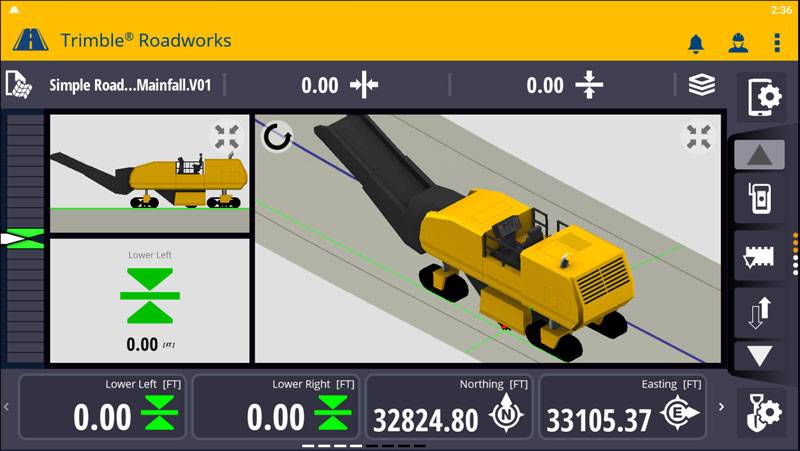 Interface do software Trimble Roadworks que mostra um modelo 3D de uma fresadora amarela num estaleiro de construção de estradas. O ecrã mostra dados numéricos para orientação da máquina, garantindo precisão nos processos de fresagem de estradas